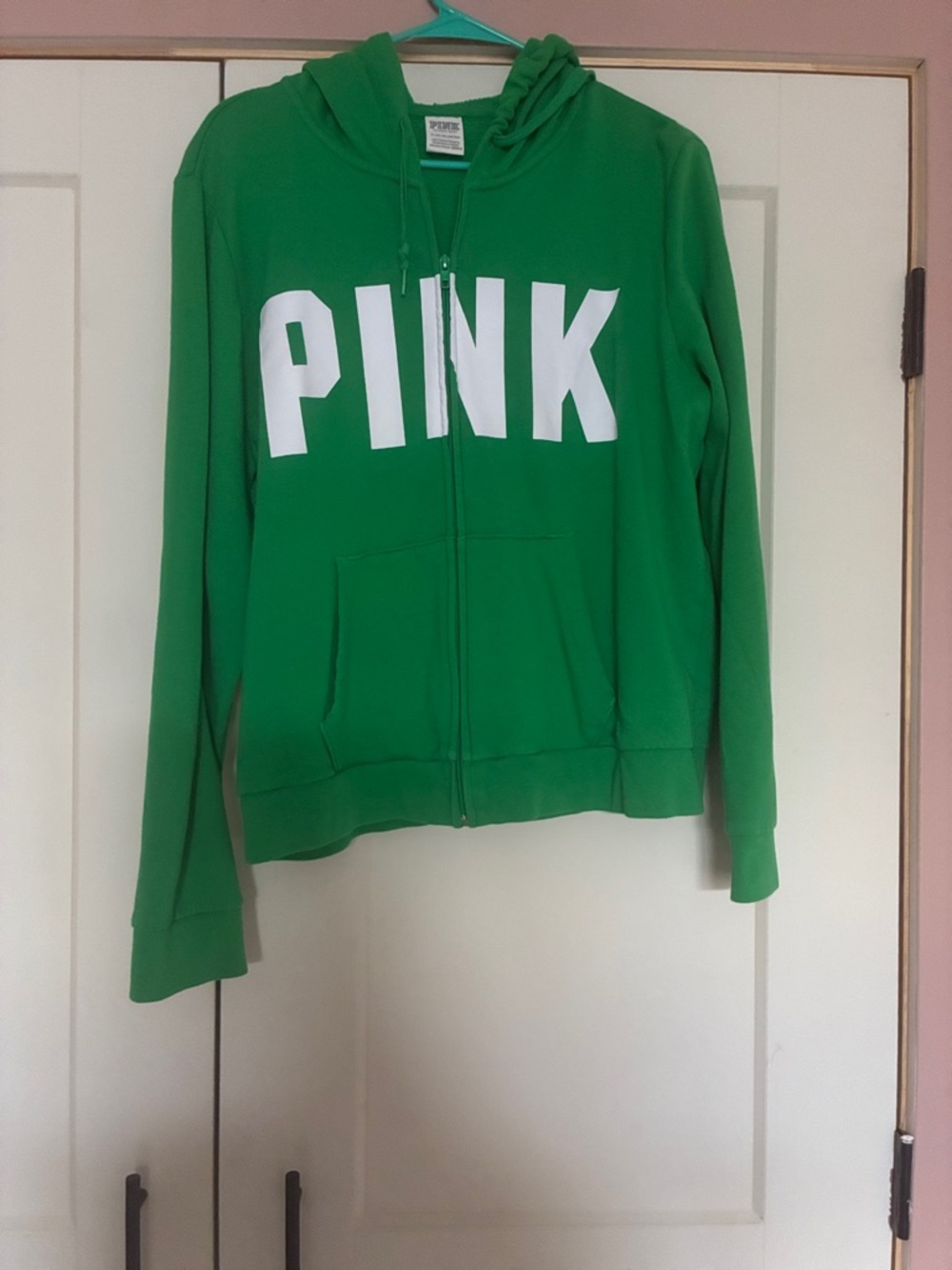 PINK Victoria's Secret Green Full-Zip Hoodie with White Logo